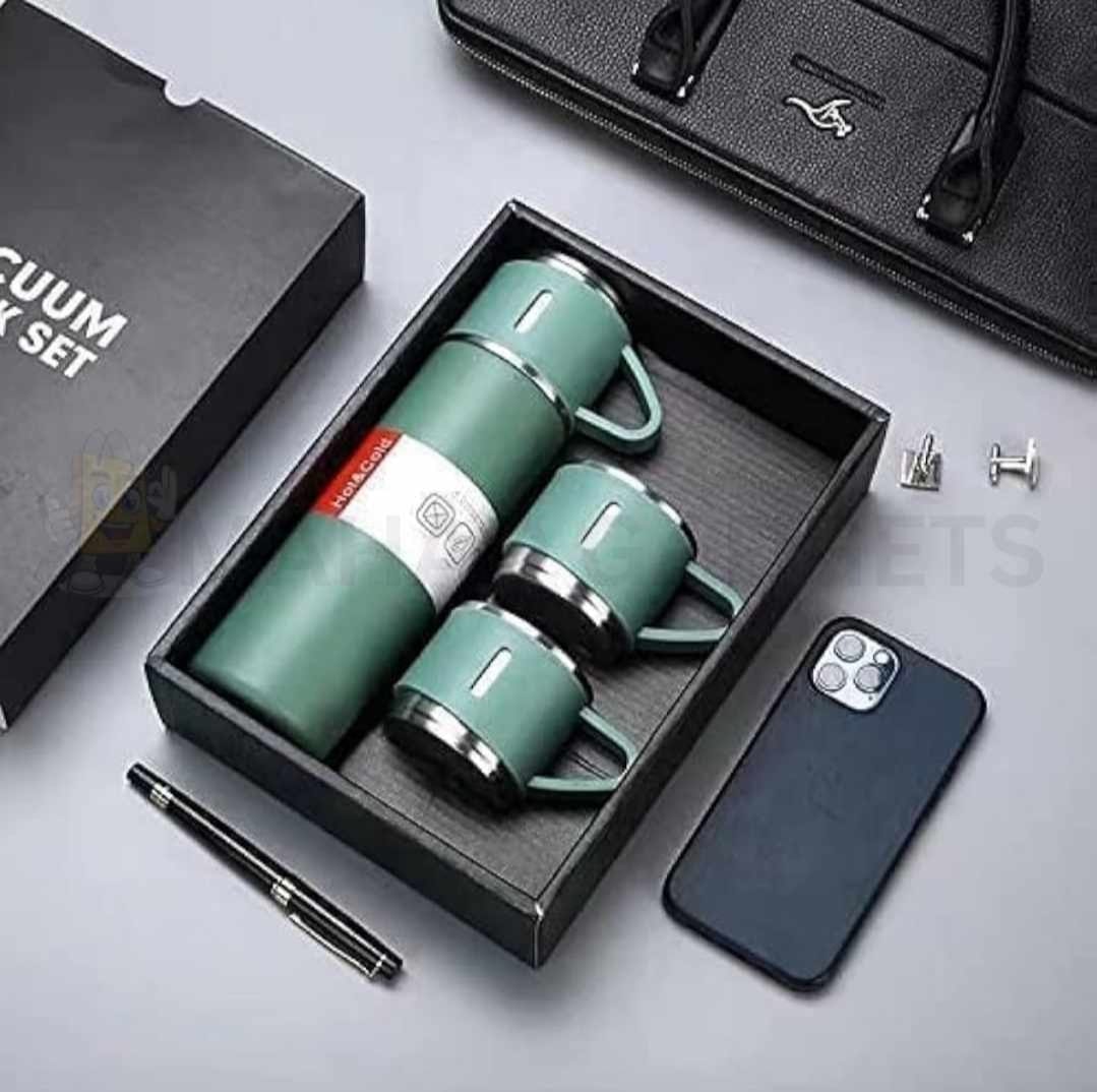 500ml Stainless Steel Vacuum Flask Water Bottle with 2 Extra Cups (160ml) – Thermal Bottle for Hot & Cold Drinks – 3-Piece Travel Thermos Set
